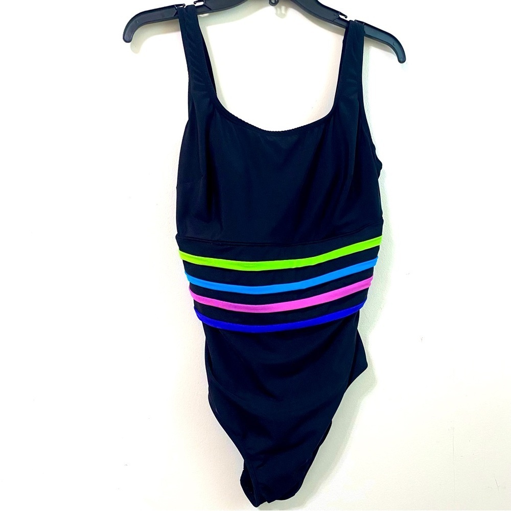 Great Lengths women’s one piece swimsuit with spandex size 14 black with stripes